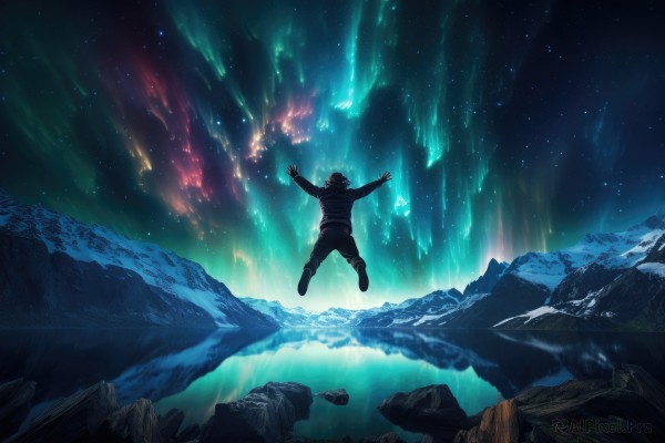 solo,black hair,long sleeves,1boy,jacket,male focus,boots,outdoors,sky,shoes,pants,hood,water,from behind,black footwear,arms up,night,glowing,black pants,outstretched arms,star (sky),night sky,scenery,floating,starry sky,rock,jumping,mountain,midair,aurora,gloves,denim,jeans,spread arms,bomber jacket