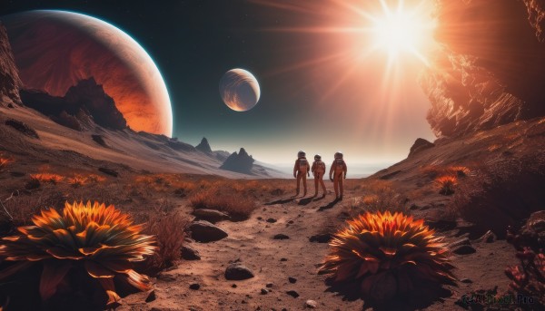 standing,flower,male focus,outdoors,multiple boys,sky,2boys,moon,3boys,star (sky),scenery,starry sky,science fiction,4boys,sunset,rock,mountain,sun,sunflower,space,field,planet,earth (planet),spacesuit,astronaut,1girl,short hair,1boy,from behind,sunlight,walking,wide shot