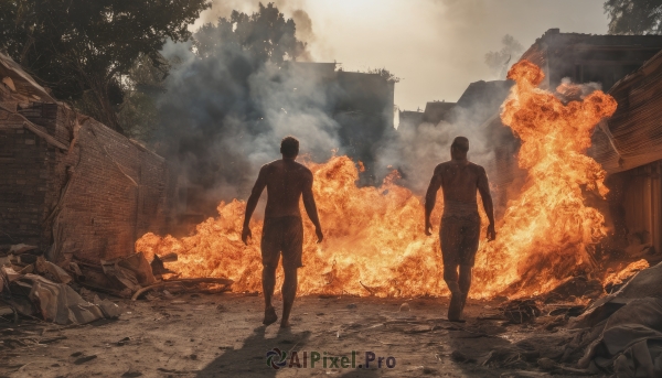 short hair,standing,male focus,outdoors,multiple boys,pants,2boys,from behind,tree,muscular,fire,muscular male,building,nature,scenery,smoke,walking,topless male,rock,explosion,ruins,burning,destruction,rubble,1boy,sky,torn clothes,ground vehicle,motor vehicle,car,house