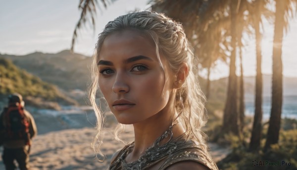 1girl,long hair,looking at viewer,blue eyes,blonde hair,1boy,jewelry,closed mouth,upper body,braid,white hair,outdoors,solo focus,day,water,necklace,armor,blurry,tree,lips,grey eyes,depth of field,blurry background,portrait,nature,realistic,nose,lake,solo,ocean,beach,sunlight,thick eyebrows,backlighting