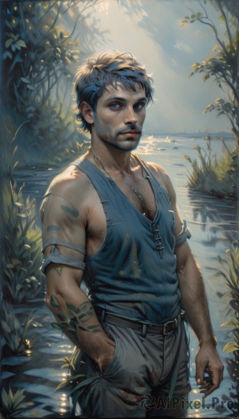 solo,looking at viewer,short hair,blue eyes,shirt,black hair,1boy,bare shoulders,jewelry,blue hair,standing,male focus,cowboy shot,outdoors,sleeveless,day,belt,pants,artist name,water,necklace,tree,wet,tattoo,muscular,facial hair,sunlight,tank top,plant,nature,beard,wading,forest,hand in pocket,realistic,nose,dirty,torn clothes,leaf,scar,blue shirt,pectorals,muscular male,hands in pockets,arm tattoo,chest hair,arm hair