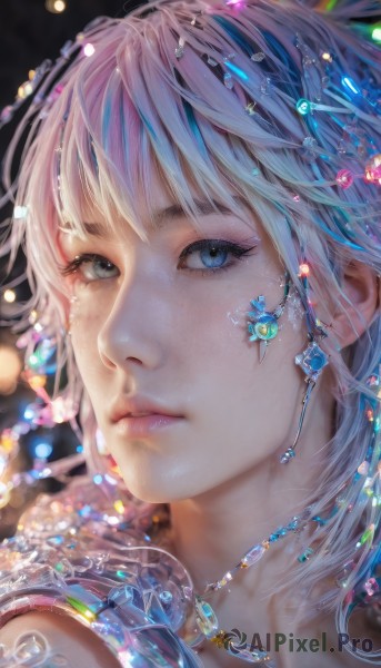 1girl,solo,looking at viewer,short hair,bangs,blue eyes,jewelry,closed mouth,blue hair,multicolored hair,earrings,artist name,signature,necklace,blurry,lips,grey eyes,eyelashes,depth of field,watermark,gem,portrait,web address,close-up,realistic,nose,white hair,bokeh