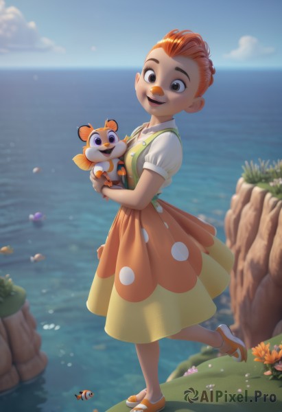 1girl,looking at viewer,smile,short hair,open mouth,multiple girls,skirt,shirt,dress,holding,2girls,brown eyes,standing,full body,white shirt,flower,short sleeves,outdoors,sky,shoes,teeth,day,puffy sleeves,collared shirt,artist name,cloud,water,orange hair,blurry,bracelet,blue sky,puffy short sleeves,blurry background,ocean,animal,upper teeth only,sandals,standing on one leg,grass,furry,personification,freckles,fish,rock,furry female,horizon,holding animal,orange skirt,orange dress,deer ears,buck teeth,solo,:d,yellow dress,clownfish