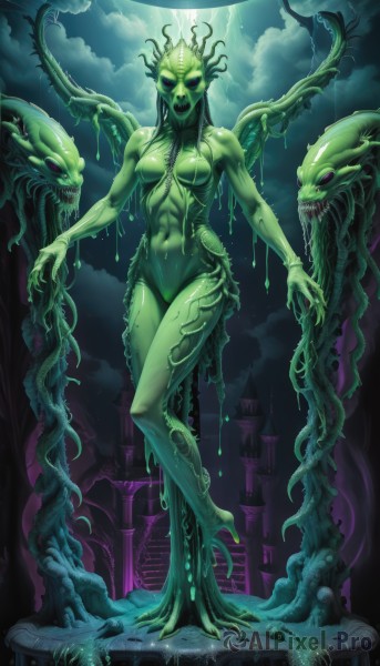 1girl,solo,long hair,breasts,looking at viewer,open mouth,red eyes,navel,medium breasts,standing,full body,green hair,sky,teeth,cloud,night,colored skin,fangs,abs,moon,cloudy sky,monster girl,tentacles,colored sclera,monster,fantasy,green skin,green theme,slime (substance),high heels,full moon,genderswap (mtf),no pupils,extra eyes,alien