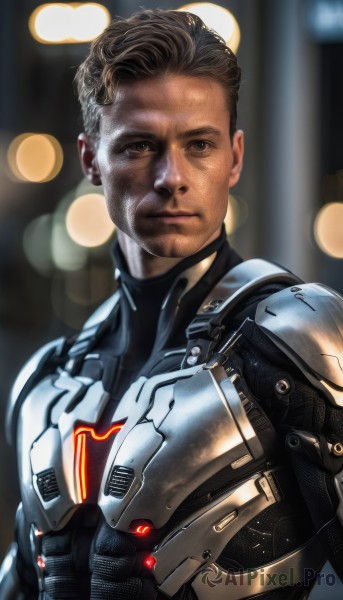 solo,looking at viewer,brown hair,1boy,brown eyes,closed mouth,upper body,male focus,armor,blurry,blurry background,facial hair,lens flare,science fiction,realistic,manly,animification,cyborg,power armor,cyberpunk,short hair,black hair,bodysuit,stubble,bokeh,power suit