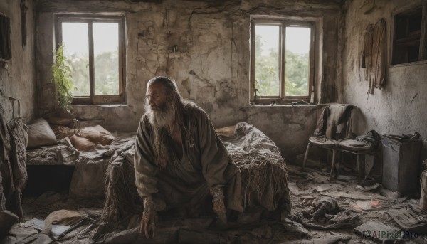 solo,long hair,long sleeves,1boy,sitting,white hair,male focus,day,indoors,pillow,window,bed,facial hair,on bed,bandages,sunlight,plant,beard,robe,paper,ruins,old,broken,old man,broken glass,rubble,messy room,broken window,jewelry,necklace,tattoo,chair,scenery,blanket,bald