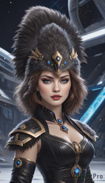 1girl,solo,breasts,looking at viewer,short hair,blue eyes,brown hair,hat,cleavage,jewelry,medium breasts,upper body,earrings,parted lips,detached sleeves,elbow gloves,artist name,signature,medium hair,armor,lips,grey eyes,makeup,lipstick,shoulder armor,gem,star (sky),nose,red lips,space,necklace,fur trim,eyelashes,feathers,eyeshadow,realistic,headdress