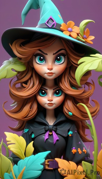 1girl,solo,long hair,breasts,looking at viewer,bangs,blue eyes,multiple girls,simple background,brown hair,hat,dress,ribbon,2girls,closed mouth,green eyes,upper body,flower,small breasts,belt,artist name,orange hair,black dress,aqua eyes,lips,eyelashes,makeup,witch hat,leaf,watermark,plant,web address,buckle,halloween,freckles,purple background,curly hair,belt buckle,yellow flower,nose,purple ribbon,hat flower,witch,flipped hair,red hair,cape,v-shaped eyebrows,serious,badge,button badge