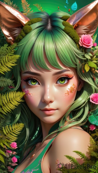 1girl,solo,long hair,breasts,looking at viewer,bangs,hair ornament,animal ears,cleavage,bare shoulders,jewelry,medium breasts,closed mouth,green eyes,upper body,flower,green hair,shiny,cat ears,hair flower,necklace,lips,fox ears,eyelashes,makeup,rose,leaf,facial mark,plant,lipstick,slit pupils,portrait,close-up,pink flower,eyeshadow,freckles,green background,pink lips,realistic,nose,eyeliner,facepaint,vines,pink rose,mascara,sleeveless,artist name,watermark,pendant