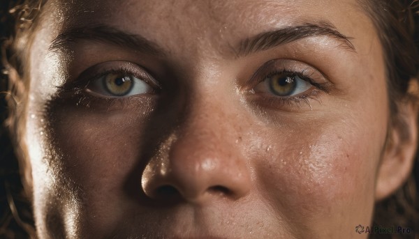 solo,looking at viewer,brown hair,1boy,brown eyes,closed mouth,braid,male focus,lips,eyelashes,thick eyebrows,portrait,close-up,realistic,eye focus,1girl,yellow eyes,shiny,facial hair,freckles