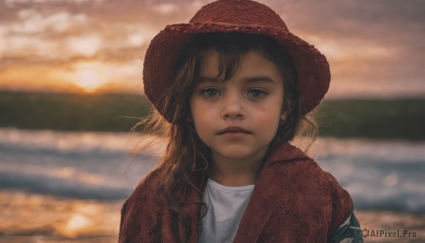 1girl,solo,long hair,looking at viewer,brown hair,shirt,hat,closed mouth,jacket,white shirt,upper body,outdoors,sky,cloud,water,blurry,lips,grey eyes,depth of field,blurry background,ocean,beach,portrait,red headwear,freckles,sunset,realistic,bangs,black hair,brown eyes,black eyes,expressionless,cloudy sky,sun hat,straw hat