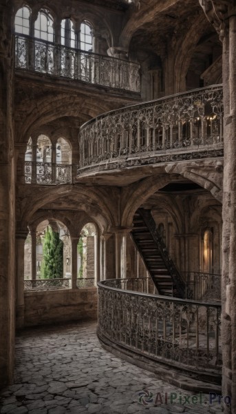 indoors,tree,dutch angle,no humans,window,building,scenery,stairs,railing,candle,architecture,bridge,pillar,church,arch,column,day,plant,fantasy,door,gate,chandelier,stone floor