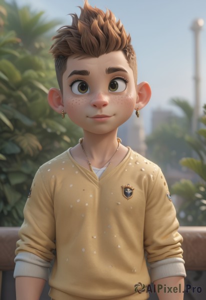 1girl,solo,looking at viewer,smile,short hair,brown hair,shirt,1boy,brown eyes,jewelry,closed mouth,upper body,male focus,earrings,outdoors,day,necklace,blurry,sweater,blurry background,plant,child,freckles,male child,lamppost,artist name,lips,thick eyebrows,spiked hair,yellow shirt,badge,button badge