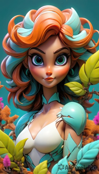 1girl,solo,long hair,breasts,looking at viewer,blush,smile,bangs,blue eyes,cleavage,jewelry,medium breasts,closed mouth,green eyes,blue hair,collarbone,upper body,flower,red hair,multicolored hair,earrings,small breasts,outdoors,parted lips,shiny,artist name,orange hair,armor,two-tone hair,lips,gradient,eyelashes,makeup,leaf,blue background,plant,lipstick,shoulder armor,freckles,curly hair,red lips,hair ornament,dress,watermark,web address,nose