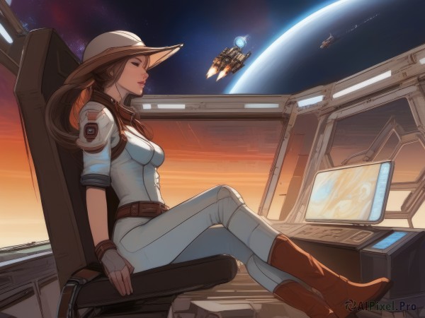 1girl,solo,long hair,breasts,smile,brown hair,gloves,hat,medium breasts,sitting,closed eyes,ponytail,boots,belt,fingerless gloves,uniform,from side,lips,bodysuit,chair,brown footwear,crossed legs,star (sky),skin tight,brown gloves,science fiction,realistic,aircraft,pilot suit,space,computer,monitor,white bodysuit,planet,spacecraft,spacesuit,cockpit,pants,knee boots,sun hat,nose,cowboy hat,earth (planet)