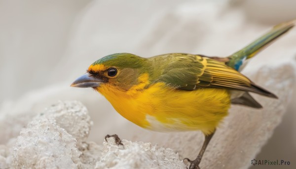 solo,outdoors,water,blurry,black eyes,from side,no humans,bird,animal,flying,realistic,animal focus,closed mouth,full body,depth of field,sand,waves,beak