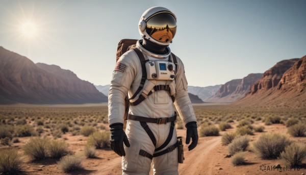 solo,gloves,1boy,standing,male focus,cowboy shot,outdoors,sky,day,black gloves,bag,blurry,backpack,helmet,scenery,1other,science fiction,mountain,pilot suit,mountainous horizon,ambiguous gender,spacesuit,desert,space helmet,astronaut,sun,holster,planet,american flag,japanese flag,united states