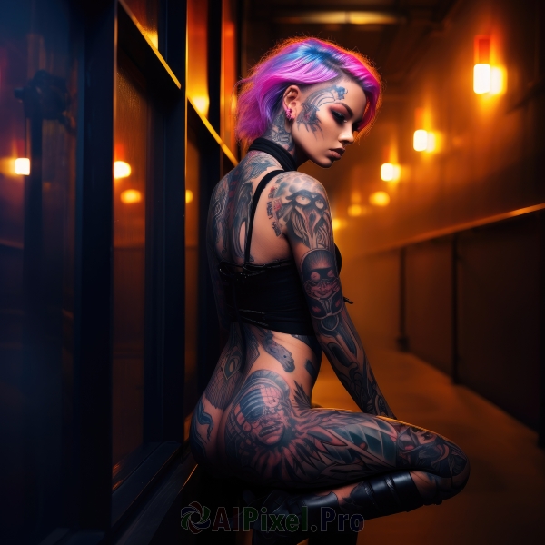 1girl,solo,short hair,bare shoulders,jewelry,sitting,closed eyes,pink hair,purple hair,ass,multicolored hair,earrings,boots,choker,from behind,black footwear,high heels,two-tone hair,lips,tattoo,gradient hair,makeup,no panties,bottomless,back,piercing,knee boots,ear piercing,eyeshadow,high heel boots,realistic,nose,arm tattoo,undercut,facial tattoo,mascara,back tattoo,lipstick,full-body tattoo