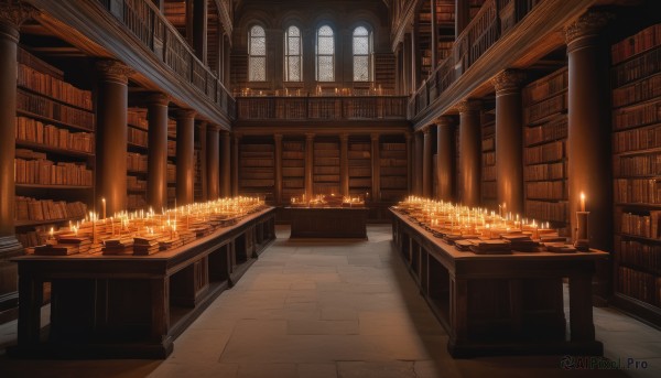 indoors,book,no humans,window,table,sunlight,scenery,stairs,bookshelf,light,candle,architecture,pillar,book stack,gold,library,candlestand,chandelier,voile,fantasy