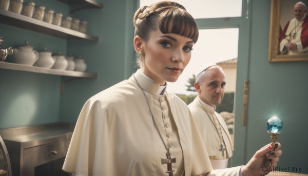 1girl,looking at viewer,short hair,bangs,brown hair,shirt,long sleeves,1boy,holding,brown eyes,jewelry,closed mouth,white shirt,upper body,braid,earrings,multiple boys,indoors,dark skin,necklace,hair bun,nail polish,black eyes,cup,lips,capelet,single hair bun,ring,cross,gem,black nails,robe,crystal,glint,realistic,nose,bald,photo (object),cross necklace,white capelet,old,old man,cross earrings,vase,jar,painting (object),old woman,priest,wrinkled skin,portrait (object),solo,smile,white hair,blunt bangs