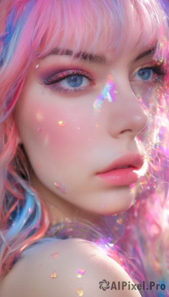 1girl,solo,long hair,looking at viewer,bangs,blue eyes,bare shoulders,blue hair,pink hair,multicolored hair,parted lips,lips,eyelashes,makeup,portrait,close-up,eyeshadow,realistic,nose,eyeliner,colorful,mascara,eye focus,mole,blurry,gradient hair,looking away,looking up,light particles,pink lips,looking afar