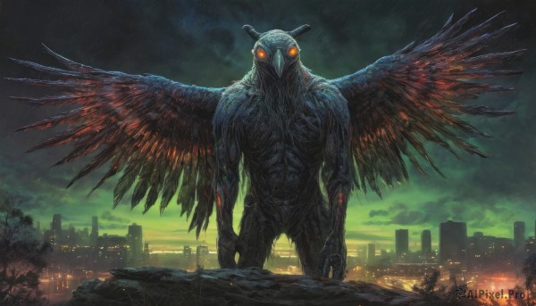 solo,looking at viewer,outdoors,wings,horns,sky,cloud,orange eyes,no humans,night,glowing,cloudy sky,building,glowing eyes,claws,monster,city,cityscape,giant,skyscraper,demon,destruction,kaijuu,standing,tree,bird,feathers,night sky,scenery,smoke,dark,city lights,talons,beak,spread wings,skyline