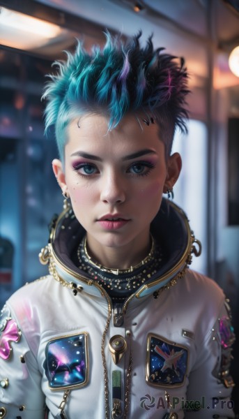 1girl,solo,looking at viewer,short hair,blue eyes,black hair,hair ornament,jewelry,blue hair,jacket,upper body,multicolored hair,earrings,parted lips,artist name,indoors,necklace,mole,blurry,two-tone hair,lips,eyelashes,aqua hair,makeup,depth of field,blurry background,watermark,piercing,white jacket,ear piercing,web address,androgynous,eyeshadow,zipper,freckles,realistic,nose,eyeliner,very short hair,undercut,straight-on,badge,mascara,lip piercing,eyebrow piercing,lipstick,messy hair,curly hair,asymmetrical hair,emblem,leather,button badge,mohawk,cyberpunk,nose piercing,patch