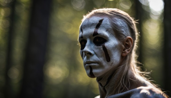 solo,long hair,1boy,closed mouth,white hair,male focus,blurry,black eyes,depth of field,blurry background,facial mark,portrait,realistic,bokeh,tattoo,colored skin,scar,lens flare,blue skin,facepaint,facial tattoo,wrinkled skin