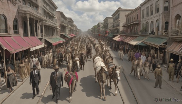 multiple girls,hat,dress,outdoors,multiple boys,necktie,sky,day,cloud,shadow,6+girls,formal,cloudy sky,suit,ground vehicle,building,scenery,6+boys,city,road,architecture,horse,street,statue,crowd,people,weapon,sword,signature,walking,fantasy,horseback riding