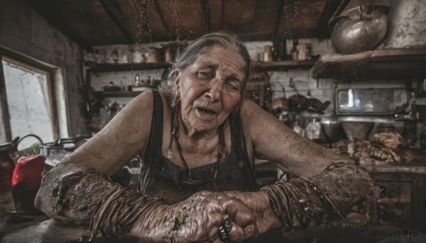 solo,smile,1boy,bare shoulders,jewelry,closed eyes,upper body,grey hair,male focus,earrings,food,indoors,necklace,bracelet,window,tattoo,facial hair,table,ring,tank top,bottle,facing viewer,beard,realistic,old,old man,shelf,kitchen,multiple rings,old woman,wrinkled skin,1girl,open mouth,apron,cup,fruit,freckles,apple,dirty