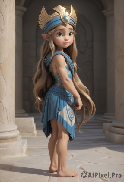 1girl,solo,long hair,looking at viewer,smile,skirt,blonde hair,brown hair,dress,brown eyes,very long hair,closed mouth,standing,full body,barefoot,sleeveless,pointy ears,looking back,indoors,feet,from side,lips,blue skirt,toes,blue dress,child,headdress,pillar,yellow eyes,aged down,realistic,nose,dirty,column