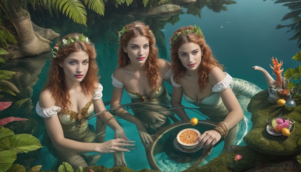 long hair,breasts,looking at viewer,smile,blue eyes,multiple girls,brown hair,hair ornament,dress,cleavage,bare shoulders,jewelry,medium breasts,flower,food,hair flower,3girls,water,off shoulder,bracelet,tree,cup,lips,strapless,fruit,leaf,wavy hair,table,plant,monster girl,plate,partially submerged,fish,green dress,fork,head wreath,mermaid,orange (fruit),lily pad,holding,sitting,collarbone,red hair,small breasts,outdoors,parted lips,necklace,grey eyes,makeup,blue dress,watermark,gem,nature,curly hair,fantasy,scales,lemon,lemon slice,orange slice