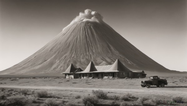 monochrome,greyscale,outdoors,sky,cloud,no humans,grass,ground vehicle,building,scenery,motor vehicle,mountain,house,landscape,mountainous horizon,car,road,truck