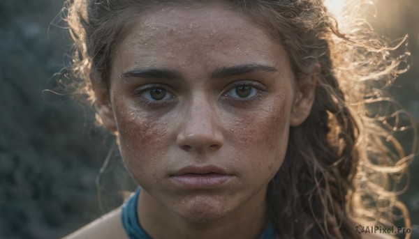 1girl,solo,long hair,looking at viewer,brown hair,1boy,brown eyes,closed mouth,dark skin,blurry,dark-skinned female,lips,depth of field,blurry background,thick eyebrows,messy hair,portrait,close-up,freckles,curly hair,realistic,nose,straight-on,dirty,male focus,floating hair,backlighting,dirty face