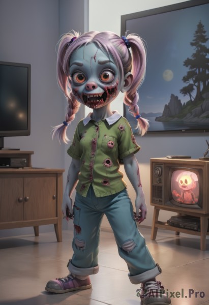 1girl,solo,long hair,looking at viewer,open mouth,shirt,hair ornament,red eyes,twintails,brown eyes,standing,full body,pink hair,braid,short sleeves,shoes,teeth,collared shirt,pants,indoors,twin braids,tree,torn clothes,window,blood,night,buttons,colored skin,moon,denim,hair bobbles,sharp teeth,sneakers,child,full moon,pocket,jeans,wide-eyed,blood on face,wooden floor,green shirt,blue pants,female child,blood on clothes,television,grey skin,monitor,extra eyes,zombie,blood on hands,torn pants,horror (theme),torn jeans,mask,table,blue skin,smiley face