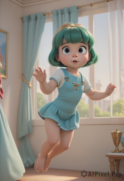 1girl,solo,looking at viewer,short hair,open mouth,bangs,skirt,shirt,dress,brown eyes,jewelry,standing,full body,white shirt,short sleeves,parted lips,green hair,barefoot,day,indoors,necklace,blurry,black eyes,lips,bare legs,window,toes,blurry background,blue dress,table,curtains,child,female child,smile,feet,realistic