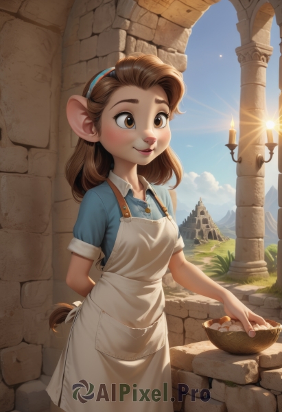 1girl,solo,long hair,breasts,blush,smile,open mouth,brown hair,shirt,holding,animal ears,brown eyes,standing,tail,short sleeves,hairband,small breasts,outdoors,food,sky,day,collared shirt,artist name,cloud,apron,blue sky,sunlight,grass,blue shirt,building,white apron,furry,arm behind back,furry female,sun,basket,blue hairband,animal nose,castle,snout,holding basket,dress,very long hair,braid,pointy ears,lips,single braid,buttons,thick eyebrows,extra ears,mouse ears,nose,wall,stone wall