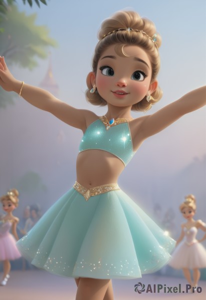 looking at viewer,blush,smile,short hair,open mouth,blue eyes,multiple girls,skirt,blonde hair,brown hair,hair ornament,dress,navel,bare shoulders,jewelry,standing,earrings,outdoors,parted lips,sky,teeth,sleeveless,solo focus,day,midriff,dark skin,armpits,necklace,stomach,hair bun,blurry,black eyes,arms up,flat chest,bracelet,dark-skinned female,tree,blue sky,lips,blue skirt,crop top,see-through,bare arms,strapless,4girls,depth of field,blurry background,single hair bun,outstretched arms,tiara,5girls,green skirt,child,backlighting,hoop earrings,spread arms,female child,dancing,dancer,arabian clothes,aqua skirt,ballerina,1girl,long hair,breasts,small breasts,eyelashes,sparkle,thick eyebrows,gold trim,princess,aqua dress,ballet slippers,tutu