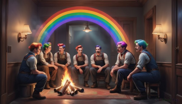 smile,short hair,brown hair,shirt,black hair,hat,sitting,blue hair,closed eyes,white shirt,pink hair,purple hair,male focus,red hair,multicolored hair,boots,green hair,multiple boys,shoes,collared shirt,pants,indoors,dark skin,black footwear,looking at another,apron,vest,two-tone hair,facial hair,chair,brown footwear,squatting,suspenders,fire,goggles,beard,sleeves rolled up,6+boys,goggles on head,wooden floor,bandana,mustache,door,lamp,overalls,5boys,very short hair,undercut,stool,rainbow,open door,mario,fireplace