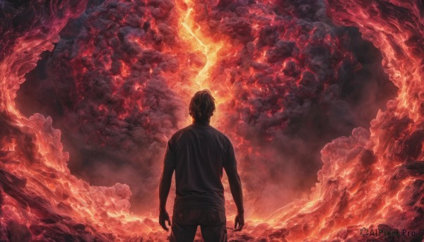 solo, shirt, 1boy, standing, short sleeves, male focus, sky, pants, artist name, cloud, signature, from behind, fire, t-shirt, arms at sides, facing away, red theme, red sky, burning, molten rock