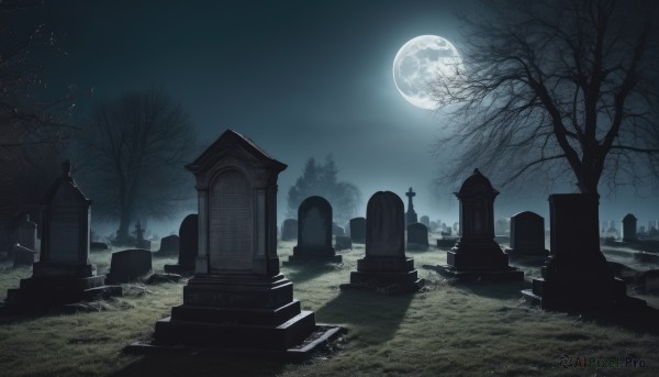 outdoors,sky,cloud,tree,no humans,night,moon,grass,cross,star (sky),night sky,scenery,full moon,bare tree,tombstone,graveyard,grave,monochrome,stairs,dark,fog,moonlight