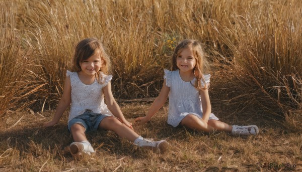 long hair,looking at viewer,smile,short hair,multiple girls,brown hair,shirt,dress,2girls,brown eyes,sitting,white shirt,boots,outdoors,one eye closed,shoes,shorts,sleeveless,socks,white dress,sleeveless dress,holding hands,siblings,arm support,white footwear,grass,sneakers,child,blue shorts,denim shorts,realistic,female child,on ground,open mouth,bangs,flower,:d,teeth,day,looking at another,short shorts,sleeveless shirt,aged down,denim,field,dirty