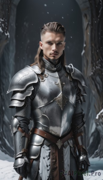 solo,long hair,looking at viewer,brown hair,gloves,1boy,brown eyes,closed mouth,standing,weapon,male focus,cowboy shot,outdoors,belt,sword,armor,blurry,blurry background,facial hair,shoulder armor,gauntlets,beard,snow,clenched hands,pauldrons,breastplate,snowing,realistic,arms at sides,vambraces,faulds,hair slicked back,knight,chainmail,plate armor,undercut