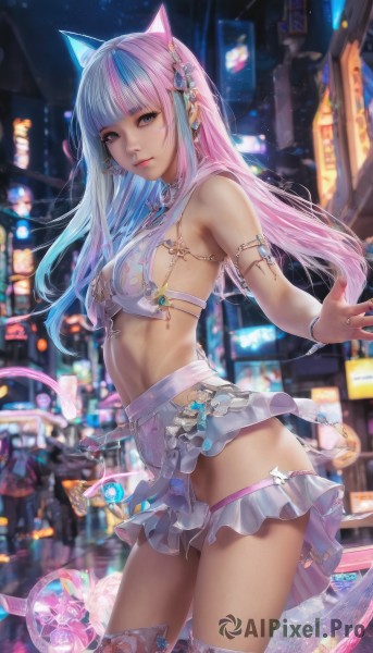 1girl,solo,long hair,breasts,looking at viewer,bangs,blue eyes,skirt,hair ornament,thighhighs,animal ears,bare shoulders,jewelry,medium breasts,blue hair,standing,swimsuit,pink hair,bikini,thighs,multicolored hair,cowboy shot,earrings,outdoors,cat ears,miniskirt,blunt bangs,nail polish,blurry,bracelet,from side,two-tone hair,lips,night,blurry background,fake animal ears,revealing clothes,bikini top only,armlet,city,wand,microskirt,navel,closed mouth,purple eyes,purple hair,small breasts,frills,parted lips,midriff,artist name,signature,collar,streaked hair,see-through,grey eyes,makeup,depth of field,headphones,watermark,white skirt,outstretched arms,ground vehicle,motor vehicle,realistic,nose,car,animal ear headphones,cat ear headphones,cyberpunk