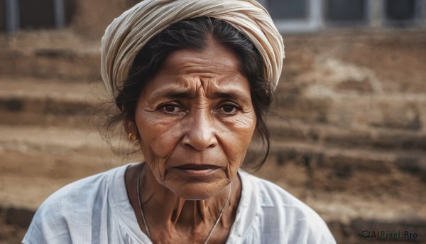 1girl,solo,looking at viewer,shirt,black hair,jewelry,white shirt,upper body,earrings,outdoors,parted lips,tears,necklace,blurry,black eyes,lips,blurry background,portrait,realistic,old,snot,old woman,wrinkled skin,1boy,hat,brown eyes,closed mouth,male focus,parody