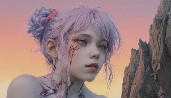 1girl,solo,short hair,bangs,blue eyes,hair ornament,jewelry,closed mouth,collarbone,pink hair,outdoors,sky,hair bun,lips,blood,looking away,single hair bun,scrunchie,portrait,hair scrunchie,sunset,injury,blood on face,realistic,nose,looking afar,bare shoulders,nude,parted lips,mole,eyelashes,mountain