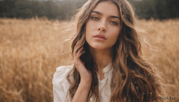 1girl,solo,long hair,looking at viewer,brown hair,shirt,brown eyes,white shirt,upper body,outdoors,parted lips,collared shirt,hand up,blurry,lips,grey eyes,depth of field,blurry background,wavy hair,freckles,realistic,day,thick eyebrows,portrait,field