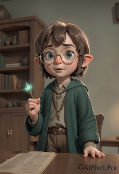 1girl,solo,looking at viewer,short hair,bangs,brown hair,shirt,long sleeves,1boy,holding,jewelry,male focus,parted lips,glasses,pointy ears,belt,pants,indoors,necklace,grey eyes,book,chair,table,child,desk,paper,open book,round eyewear,wand,bookshelf,magic,male child,brown pants,quill,brown eyes,green eyes,white shirt,hood,lips,thick eyebrows,brown belt,key,brown-framed eyewear