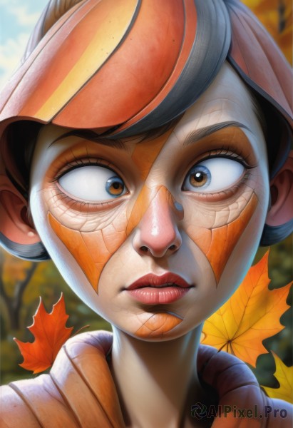 1girl,solo,looking at viewer,short hair,brown hair,black hair,brown eyes,outdoors,parted lips,sky,day,artist name,blurry,tree,lips,eyelashes,blurry background,leaf,goggles,portrait,close-up,freckles,realistic,nose,autumn leaves,facepaint,straight-on,autumn,orange headwear,bangs,blue eyes,helmet