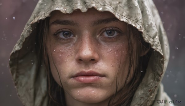 1girl,solo,looking at viewer,brown hair,brown eyes,closed mouth,artist name,hood,blurry,lips,wet,eyelashes,depth of field,blurry background,portrait,snow,close-up,hood up,freckles,snowing,realistic,nose